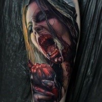 Colored horror style creepy looking arm tattoo of bloody woman with heart