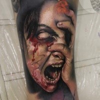 Colored horror style creepy looking bloody woman face
