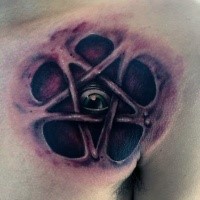 Colored horror style creepy looking chest tattoo of of devils star made from skin