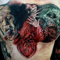 Colored horror style creepy looking chest tattoo of various monsters