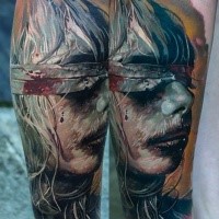 Colored horror style creepy looking leg tattoo of creepy blind woman