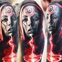 Colored horror style creepy looking shoulder tattoo of alien woman with lightning