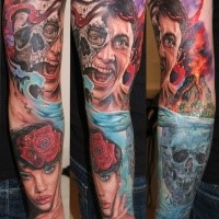 Colored horror style creepy looking sleeve tattoo of various human and monsters portraits
