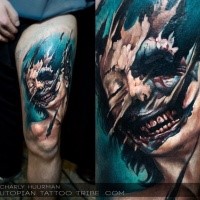 Colored horror style creepy looking thigh tattoo of zombie woman portrait