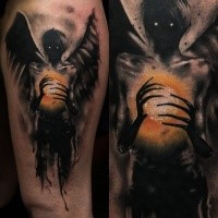 Colored horror style creepy looking thigh tattoo of demon with magic orb