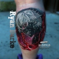 Colored horror style detailed leg tattoo of bloody demonic woman