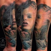 Colored horror style forearm tattoo of mystical witch
