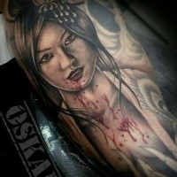 Colored horror style forearm tattoo of bloody Asian geisha