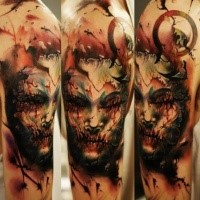 Colored horror style large shoulder tattoo of mystical face
