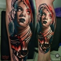 Colored horror style leg tattoo of demonic woman with skull