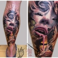 Colored horror style leg tattoo of mystic woman portrait