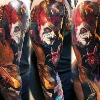Colored horror style massive sleeve tattoo of devil with spell book