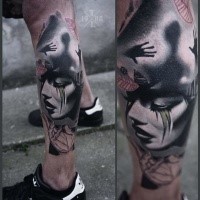 Colored horror style mystical woman portrait with shadow tattoo on leg