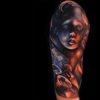 Colored horror style shoulder tattoo of creepy girl portrait