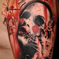 Colored horror style shoulder tattoo of creepy woman skill and flowers