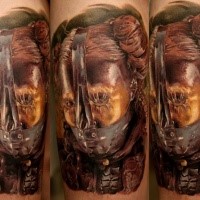 Colored horror style tattoo of creepy woman in mask