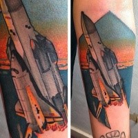Colored illustrative style arm tattoo of space ship