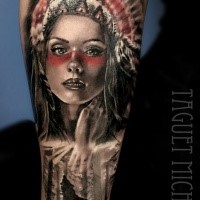 Colored Illustrative style arm tattoo of Indian woman with wolf