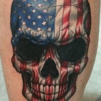 Colored illustrative style arm tattoo of human skull with American flag