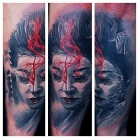 Colored illustrative style arm tattoo of geisha woman face
