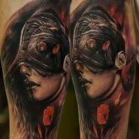 Colored illustrative style arm tattoo of woman with mystical helmet