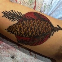 Colored illustrative style arm tattoo of cone stylized with red circle