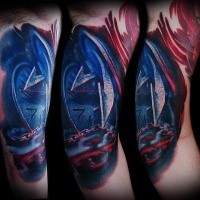 Colored illustrative style biceps tattoo of old clock with chain