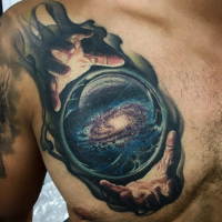 Colored illustrative style chest tattoo of magical orb with space