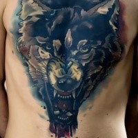 Colored illustrative style chest tattoo of evil wolf