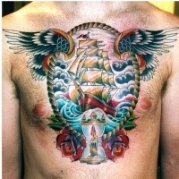 Colored illustrative style chest tattoo of sailing ship with rope and wings