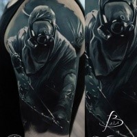Colored illustrative style colored shoulder tattoo of creepy man with gasmask