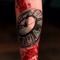 Colored illustrative style forearm tattoo of broken old clock
