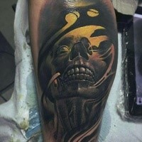 Colored illustrative style leg tattoo of creepy monster