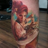 Colored illustrative style leg tattoo of fantasy woman warrior