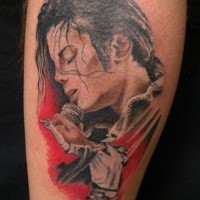 Colored illustrative style leg tattoo of Michael Jackson