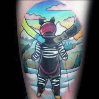 Colored illustrative style small boy skiing tattoo