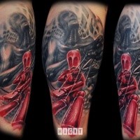 Colored illustrative style tattoo of fantasy doll with creepy human