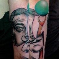Colored Italian mafiozo portrait and ball tattoo in surrealism style with funny details