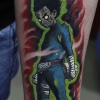 Colored japanese cartoons style forearm tattoo of demonic fighter boy