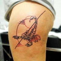 Colored ketch style thigh tattoo of big scorpion