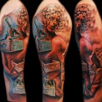 Colored large whole sleeve tattoo of incredible looking monster
