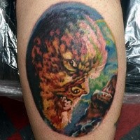 Colored leg tattoo of half werewolf half human