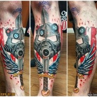 Colored leg tattoo of mechanical armor helmet and sword