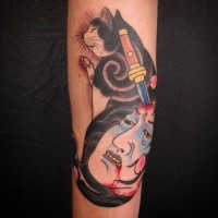 Colored medium size arm tattoo of cat with human severed head