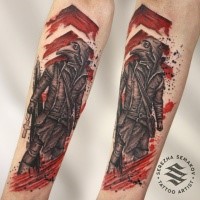 Colored modern style forearm tattoo of plague doctor with wooden cross