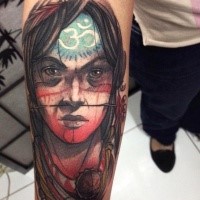 Colored new school style arm tattoo of woman with Asian symbol