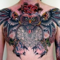 Colored new school style chest tattoo of big owl with ornaments