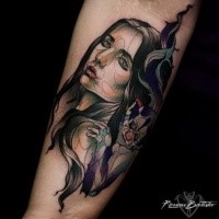 Colored new school style forearm tattoo of woman and little monkey