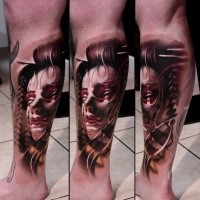 Colored new school style leg tattoo of demonic geisha