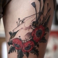 Colored new school style tattoo of animal skull with red flowers